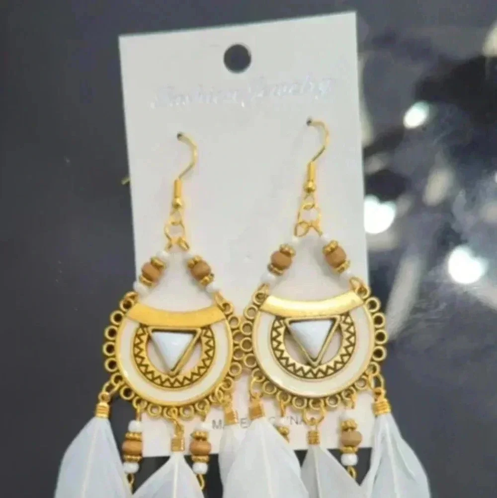 White Feather Fish Hook  Earrings with Chains NIP
